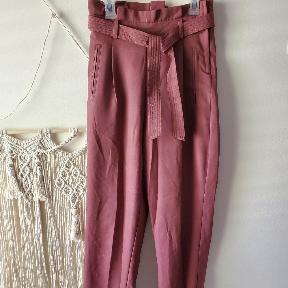 Pink High Waisted Belted Ankle Dress Pants